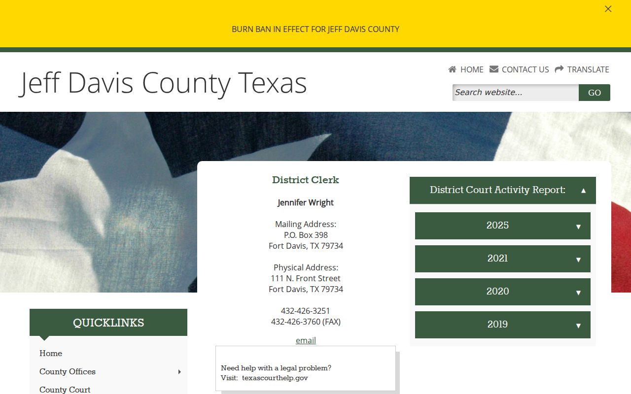 Jeff Davis County arrest-warrant court records contact at the District Clerk