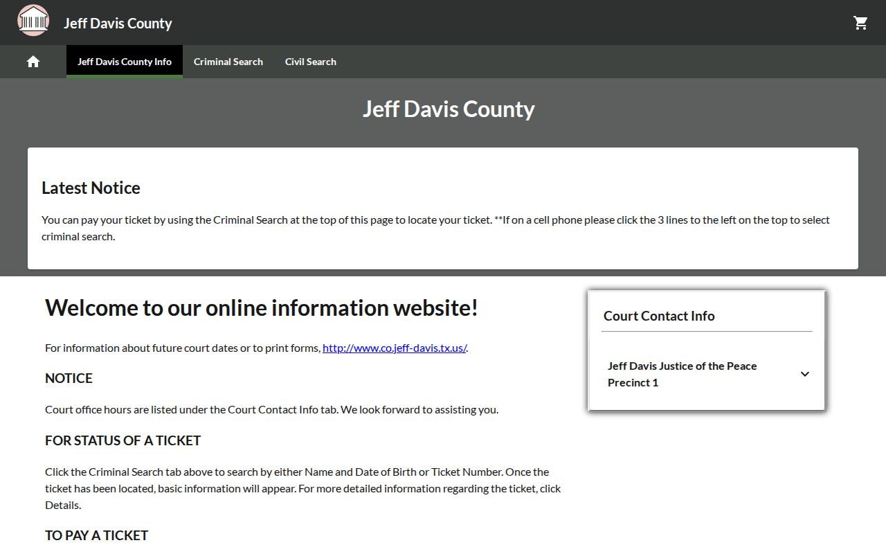 Jeff Davis County traffic-warrant citation payment portal linked by the JP